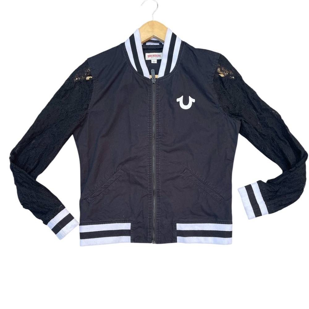True Religion Black Varsity Jacket with Lace Sleeves World Tour S